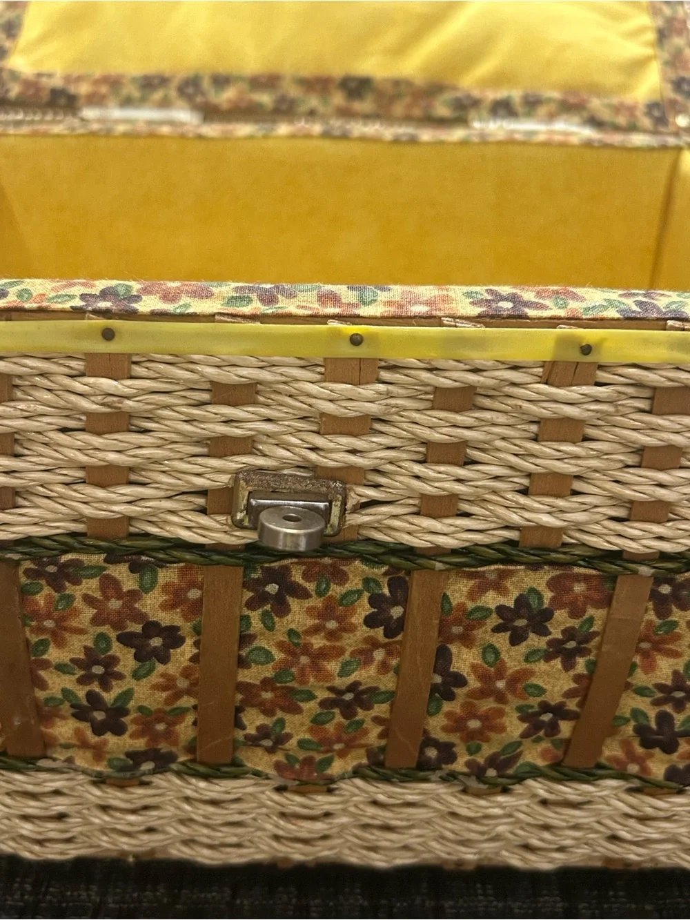 Vintage Japan Wicker Sewing Basket Yellow Floral Cat Mouse Button Embellishments